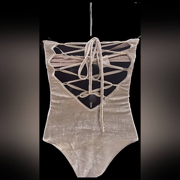 Ladies Beige Faux Velvet Lace up Body Suit - Picture 3 of 5